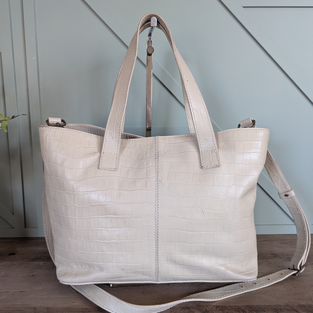 ABLE women's Tote in abone-colored, crocodile-embossed leather
